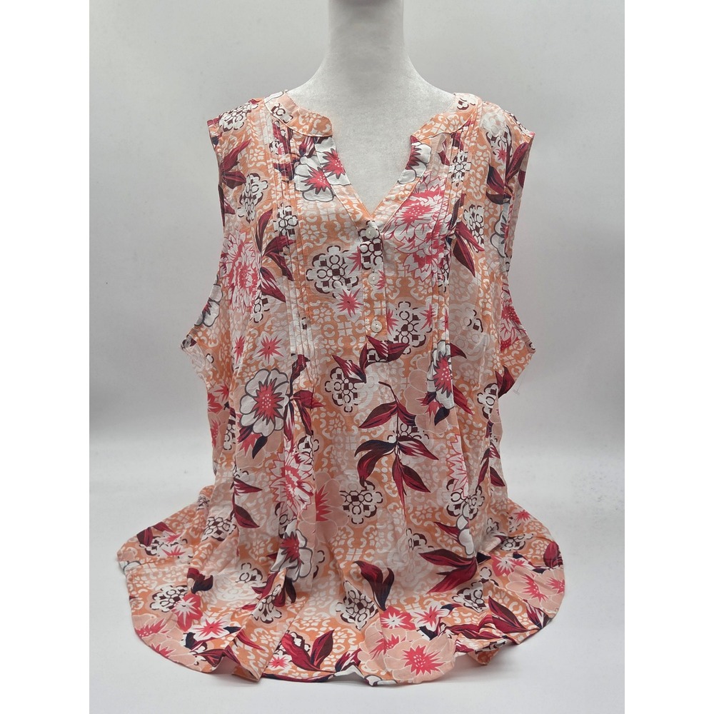 Notations Woman 3X Floral Sleeveless Blouse Orange Pink Button Front 101-425